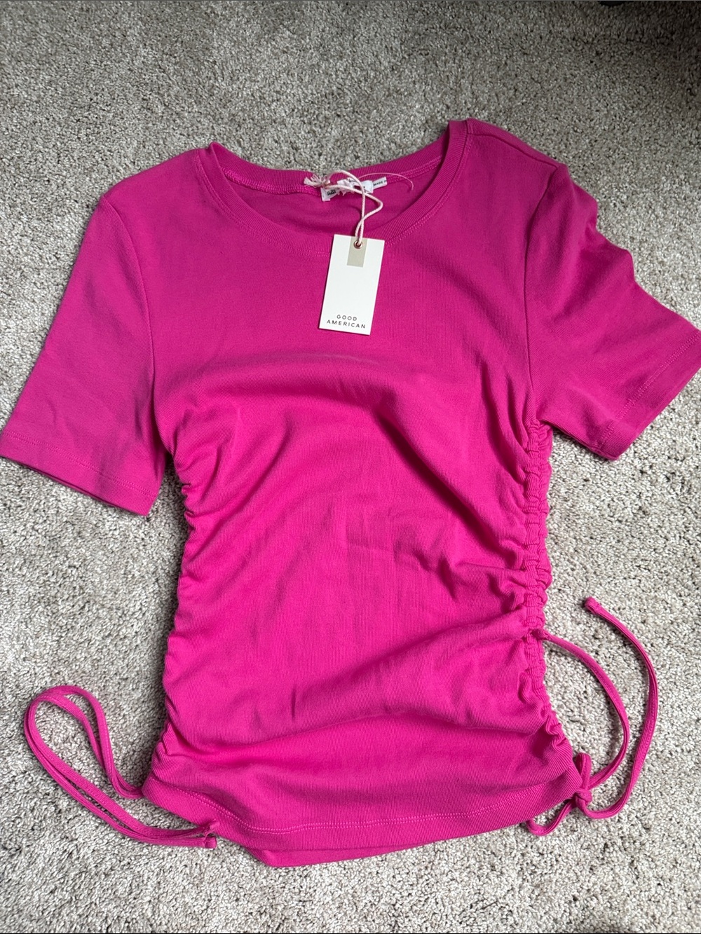 Good American Hot Pink Side-Ruched Short Sleeve Tee